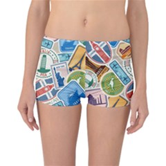 Travel Pattern Immigration Stamps Stickers With Historical Cultural Objects Travelling Visa Immigrant Reversible Boyleg Bikini Bottoms by Amaryn4rt