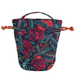 Vintage Flash Tattoos Designs Seamless Pattern Drawstring Bucket Bag by Amaryn4rt
