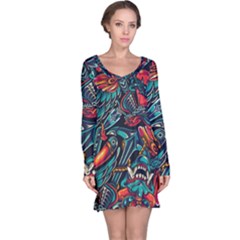Vintage Tattoos Colorful Seamless Pattern Long Sleeve Nightdress by Amaryn4rt