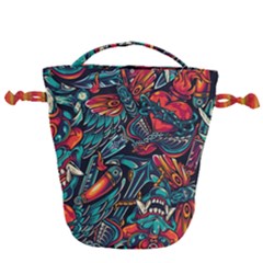 Vintage Tattoos Colorful Seamless Pattern Drawstring Bucket Bag by Amaryn4rt