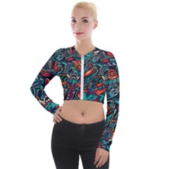 Vintage Tattoos Colorful Seamless Pattern Long Sleeve Cropped Velvet Jacket by Amaryn4rt