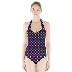 White And Pink Hearts At Black, Vector Handrawn Hearts Pattern Halter Swimsuit by Casemiro