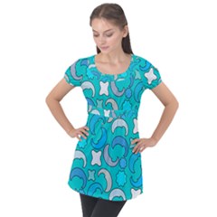 Cloudy Blue Moon Puff Sleeve Tunic Top by tmsartbazaar