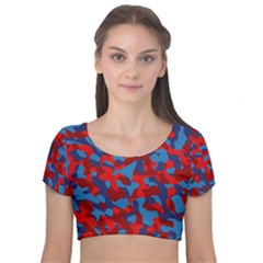 Red And Blue Camouflage Pattern Velvet Short Sleeve Crop Top  by SpinnyChairDesigns