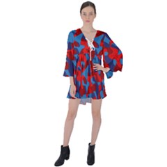 Red And Blue Camouflage Pattern V-neck Flare Sleeve Mini Dress by SpinnyChairDesigns