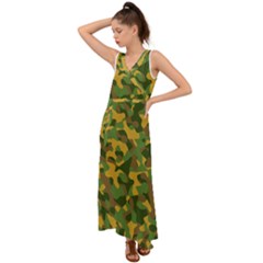 Yellow Green Brown Camouflage V-neck Chiffon Maxi Dress by SpinnyChairDesigns