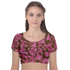 Pink And Brown Camouflage Velvet Short Sleeve Crop Top  by SpinnyChairDesigns