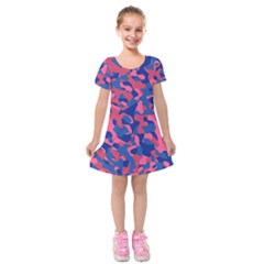 Blue And Pink Camouflage Pattern Kids  Short Sleeve Velvet Dress by SpinnyChairDesigns