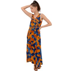 Blue And Orange Camouflage Pattern V-neck Chiffon Maxi Dress by SpinnyChairDesigns