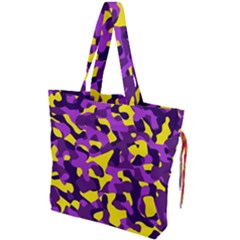 Purple And Yellow Camouflage Pattern Drawstring Tote Bag by SpinnyChairDesigns