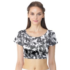 Grey And White Camouflage Pattern Short Sleeve Crop Top by SpinnyChairDesigns