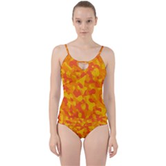 Orange And Yellow Camouflage Pattern Cut Out Top Tankini Set by SpinnyChairDesigns