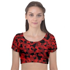 Red And Black Camouflage Pattern Velvet Short Sleeve Crop Top  by SpinnyChairDesigns