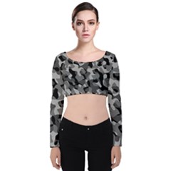 Grey And Black Camouflage Pattern Velvet Long Sleeve Crop Top by SpinnyChairDesigns