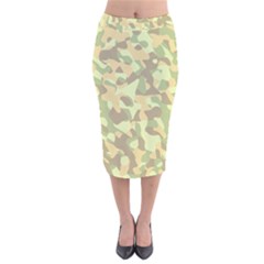 Light Green Brown Yellow Camouflage Pattern Velvet Midi Pencil Skirt by SpinnyChairDesigns