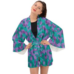 Purple And Teal Camouflage Pattern Long Sleeve Kimono by SpinnyChairDesigns