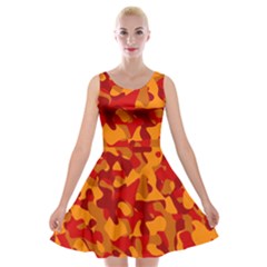 Red And Orange Camouflage Pattern Velvet Skater Dress by SpinnyChairDesigns