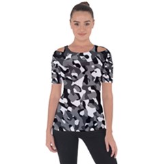 Black And White Camouflage Pattern Shoulder Cut Out Short Sleeve Top by SpinnyChairDesigns