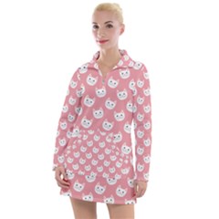 Cute Cat Faces White And Pink Women s Long Sleeve Casual Dress by SpinnyChairDesigns
