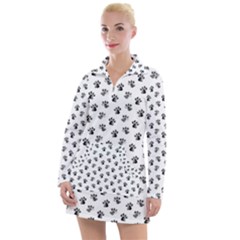 Cat Dog Animal Paw Prints Pattern Black And White Women s Long Sleeve Casual Dress by SpinnyChairDesigns