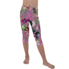 Cosmos Flowers Dark Red Kids  Lightweight Velour Capri Leggings  by DinkovaArt