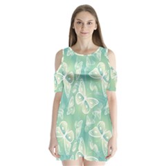 Turquoise Light Green Butterfly Pattern Shoulder Cutout Velvet One Piece by SpinnyChairDesigns