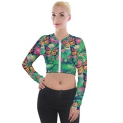 Watercolor Monarch Butterflies Long Sleeve Cropped Velvet Jacket by SpinnyChairDesigns
