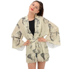 Vintage Ink Stamp On Paper Monarch Butterfly Long Sleeve Kimono by SpinnyChairDesigns