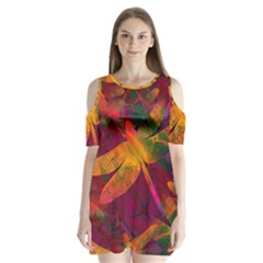 Dragonflies Abstract Colorful Pattern Shoulder Cutout Velvet One Piece by SpinnyChairDesigns