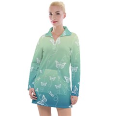 White Butterflies On Blue And Light Green Women s Long Sleeve Casual Dress by SpinnyChairDesigns