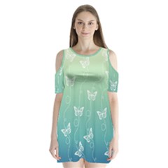 White Butterflies On Blue And Light Green Shoulder Cutout Velvet One Piece by SpinnyChairDesigns