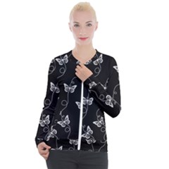 Black And White Butterfly Pattern Casual Zip Up Jacket by SpinnyChairDesigns