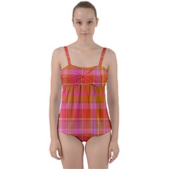 Pink Orange Madras Plaid Twist Front Tankini Set by SpinnyChairDesigns