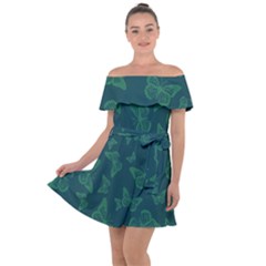 Midnight Green Butterflies Pattern Off Shoulder Velour Dress by SpinnyChairDesigns