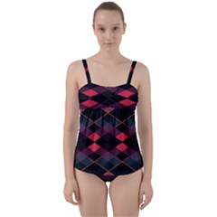 Pink Orange Black Diamond Pattern Twist Front Tankini Set by SpinnyChairDesigns