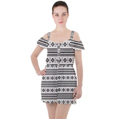 Black And White Aztec Ruffle Cut Out Chiffon Playsuit by tmsartbazaar