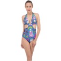 Blue Denim And Drawings Halter Front Plunge Swimsuit View1