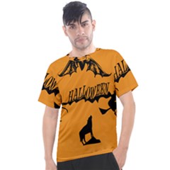 Happy Halloween Scary Funny Spooky Logo Witch On Broom Broomstick Spider Wolf Bat Black 8888 Black A Men s Sport Top by HalloweenParty
