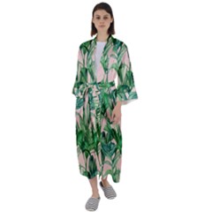 Green Leaves On Pink Maxi Satin Kimono by goljakoff