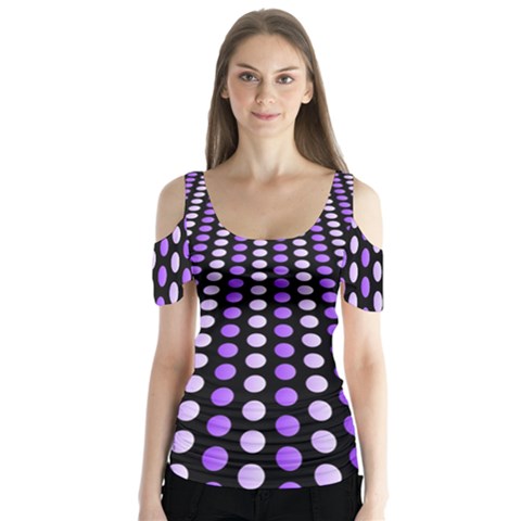 Purple And Pink Dots Pattern, Black Background Butterfly Sleeve Cutout Tee  by Casemiro