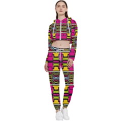 Pink Yellow Green Shapes                                                       Cropped Zip Up Lounge Set by LalyLauraFLM