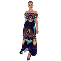 Fractal Flower Off Shoulder Open Front Chiffon Dress by Sparkle