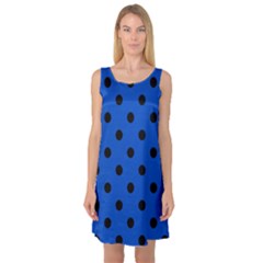Large Black Polka Dots On Absolute Zero Blue - Sleeveless Satin Nightdress by FashionLane