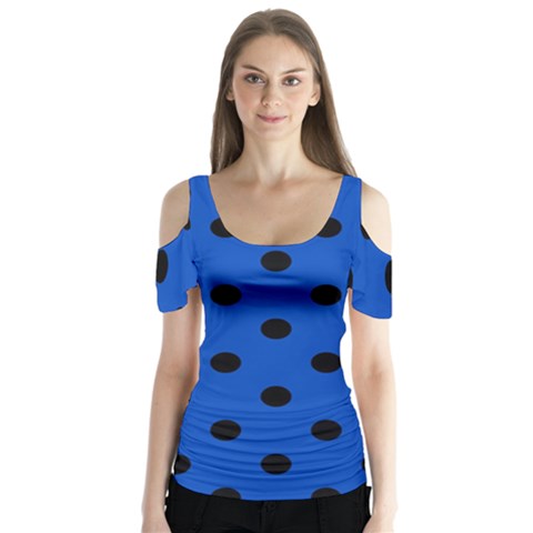 Large Black Polka Dots On Absolute Zero Blue - Butterfly Sleeve Cutout Tee  by FashionLane