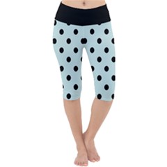 Large Black Polka Dots On Pale Blue - Lightweight Velour Cropped Yoga Leggings by FashionLane