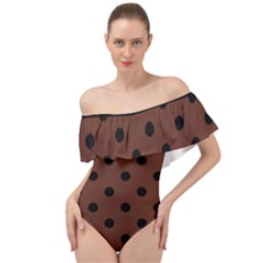 Large Black Polka Dots On Emperador Brown - Off Shoulder Velour Bodysuit  by FashionLane