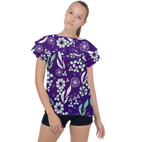 Floral Blue Pattern  Ruffle Collar Chiffon Blouse by MintanArt