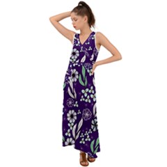 Floral Blue Pattern  V-neck Chiffon Maxi Dress by MintanArt