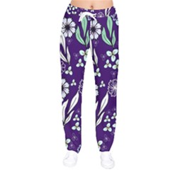 Floral Blue Pattern  Women Velvet Drawstring Pants by MintanArt