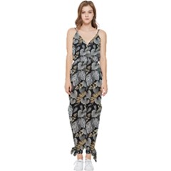 Metallic Leaves Pattern Sleeveless Tie Ankle Jumpsuit by designsbymallika